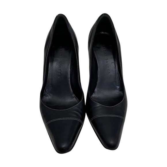 Ralph Lauren Made in Italy Black Leather Heels Pumps White Stitching Size 8 B - Picture 2 of 10